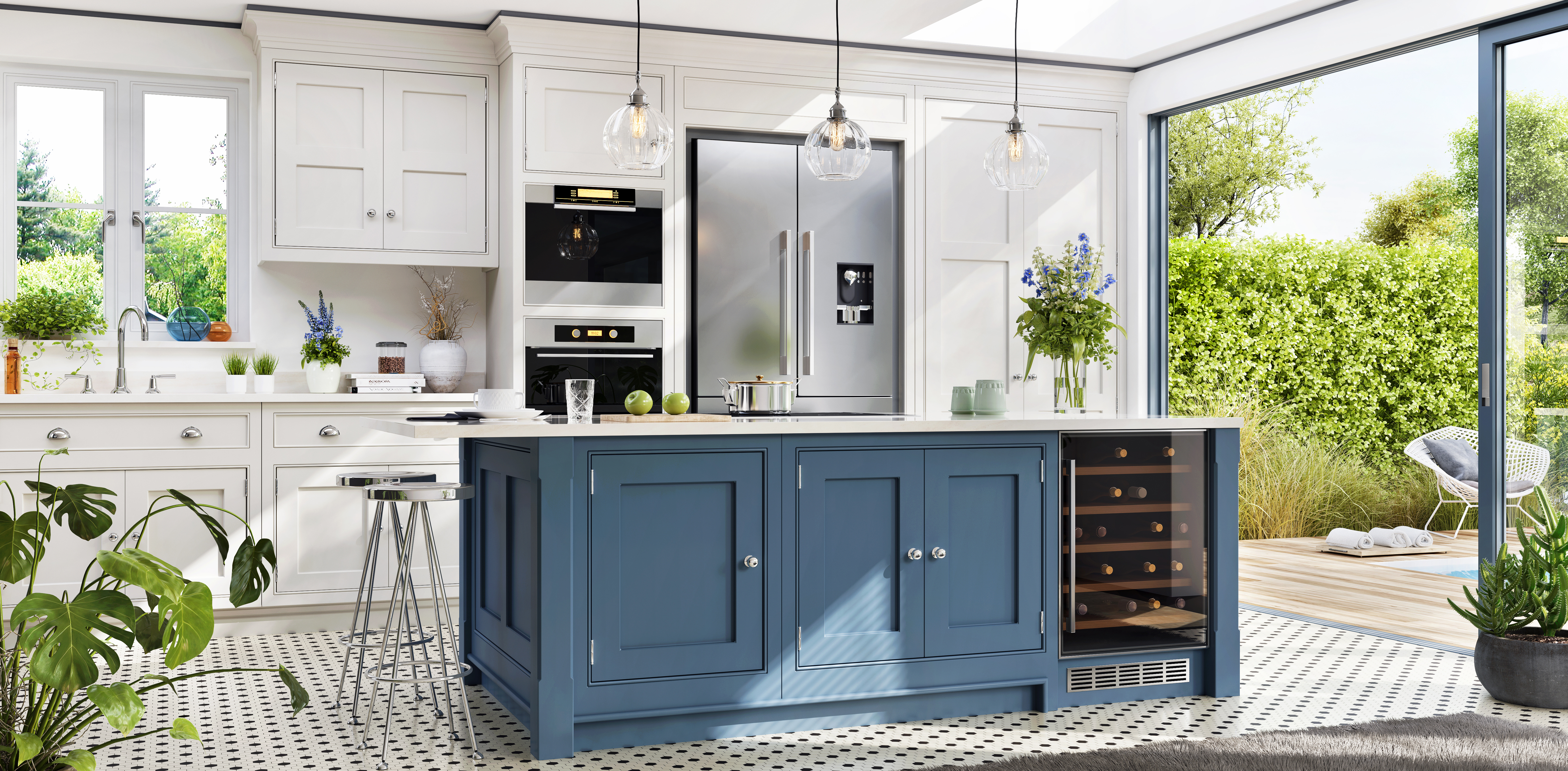 Interior design of a kitchen in a modern house with an open terrace and swimming pool | Pierce Carpet Mill Outlet