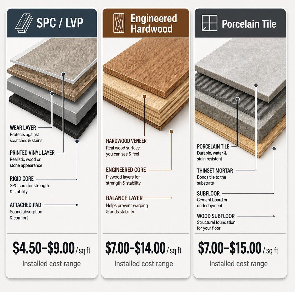 Clean flooring cost comparison graphic showing SPC/LVP, engineered hardwood, and porcelain tile cross-sections with Montana installed price ranges per square foot.