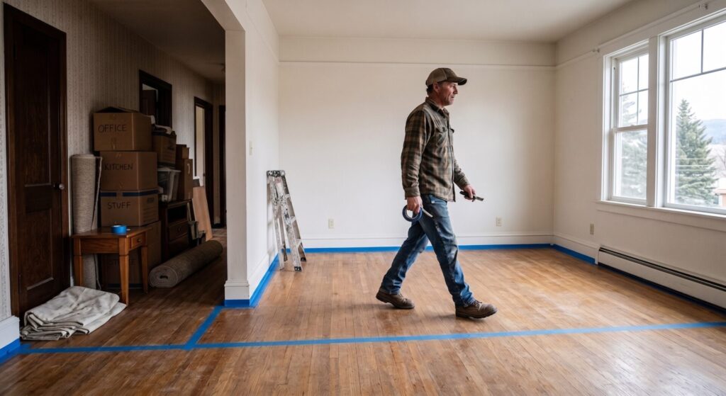 Montana homeowner preparing empty living room for new flooring installation with blue painter's tape
