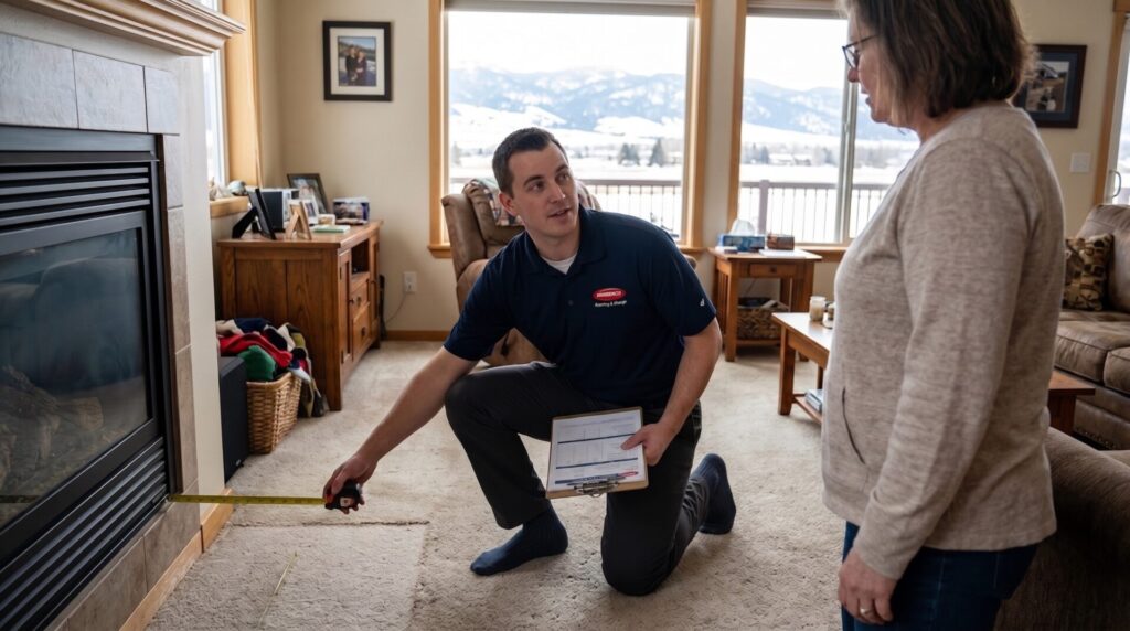 Pierce Carpet Mill Outlet flooring specialist conducting a professional in-home measurement and site visit for a homeowner in Bozeman, Montana.