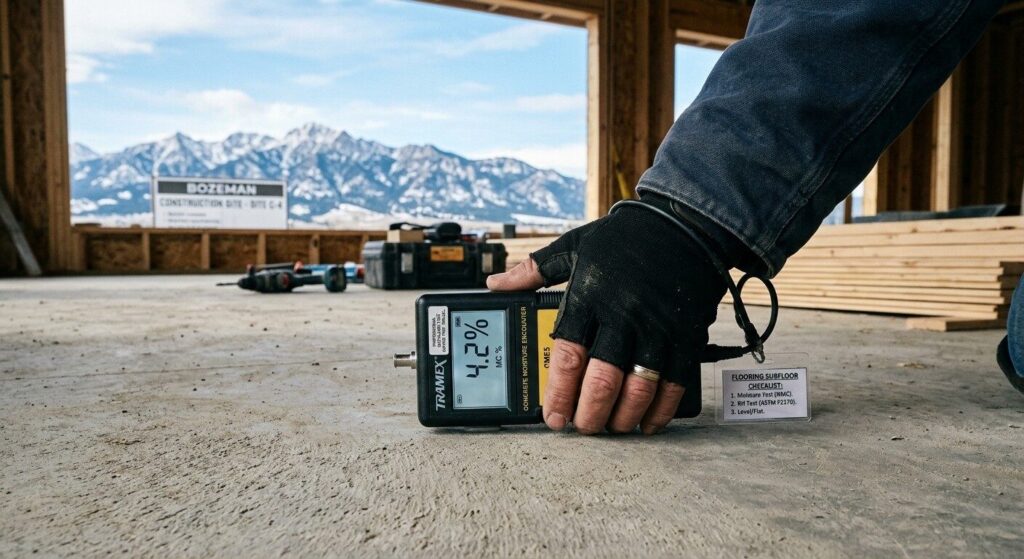 A professional moisture meter probe testing a concrete slab on a Bozeman construction site, showing a clear digital reading to ensure subfloor readiness before installation.