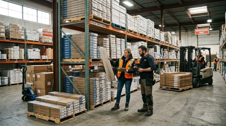 A project manager and contractor review an LVP flooring sample in a high-ceilinged warehouse outlet. A forklift operates in the background, surrounded by open-bay shelving stacked with boxes.