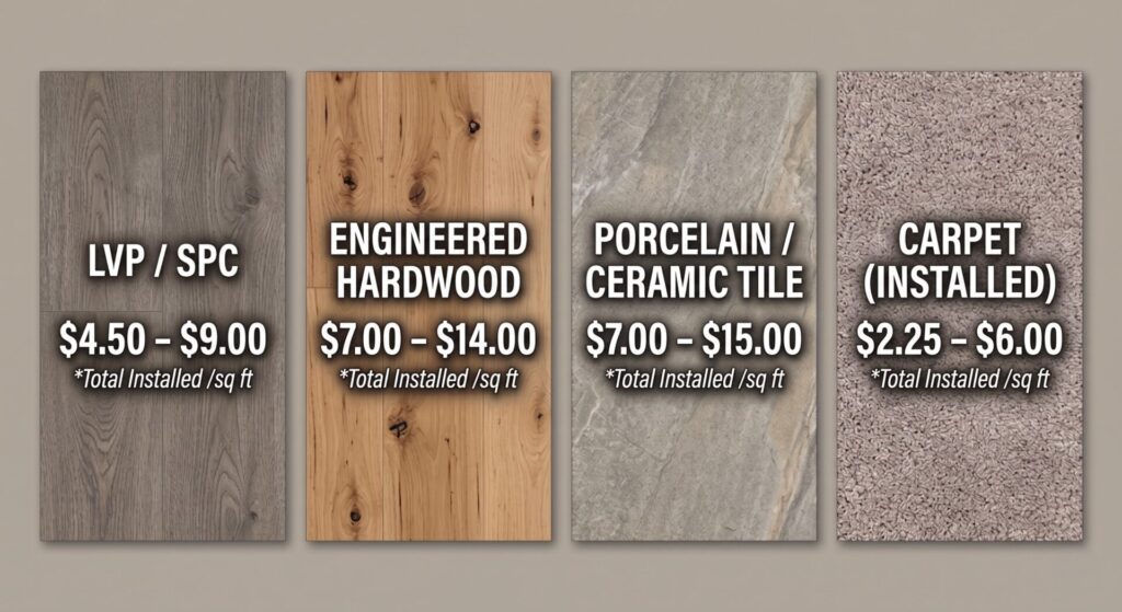 A side-by-side comparison of four flooring swatches on a neutral background, each labeled with an installed cost range per square foot: LVP/SPC ($4.50–$9.00), Engineered Hardwood ($7.00–$14.00), Porcelain/Ceramic Tile ($7.00–$15.00), and Carpet ($2.25–$6.00).