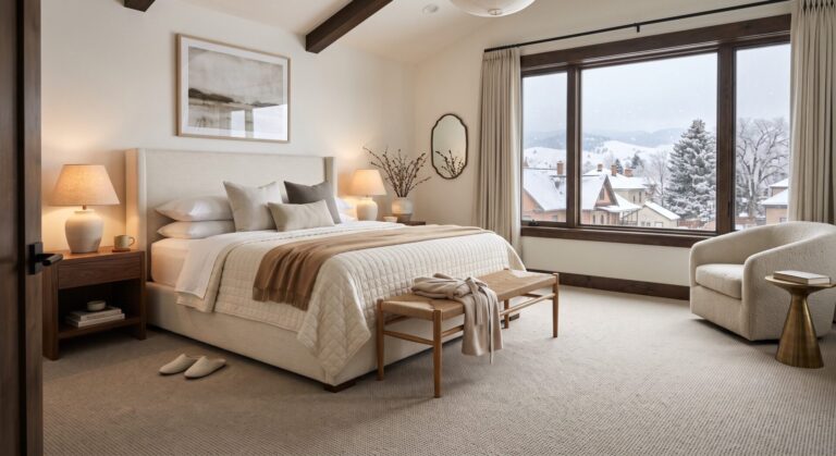 a cozy Butte bedroom in winter light with plush carpet visible, thick bedding and window showing snow outside. Alt text: carpet in a Butte Montana bedroom during winter, warm and comfortable underfoot.