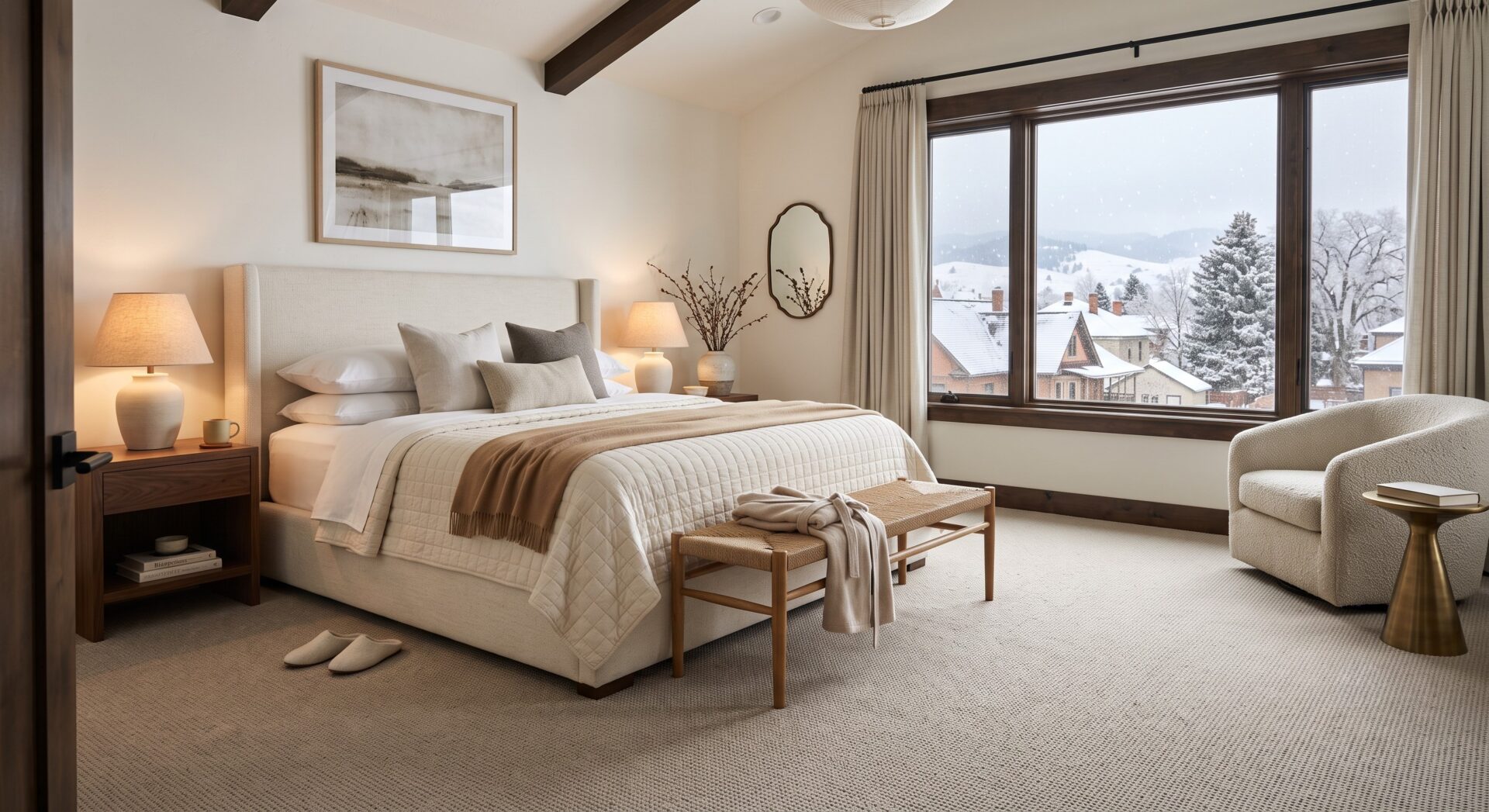 a cozy Butte bedroom in winter light with plush carpet visible, thick bedding and window showing snow outside. Alt text: carpet in a Butte Montana bedroom during winter, warm and comfortable underfoot.