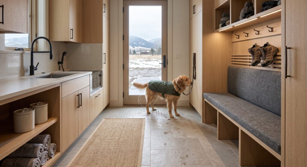 tile flooring in a Bozeman mudroom handling a wet dog after a trail hike.