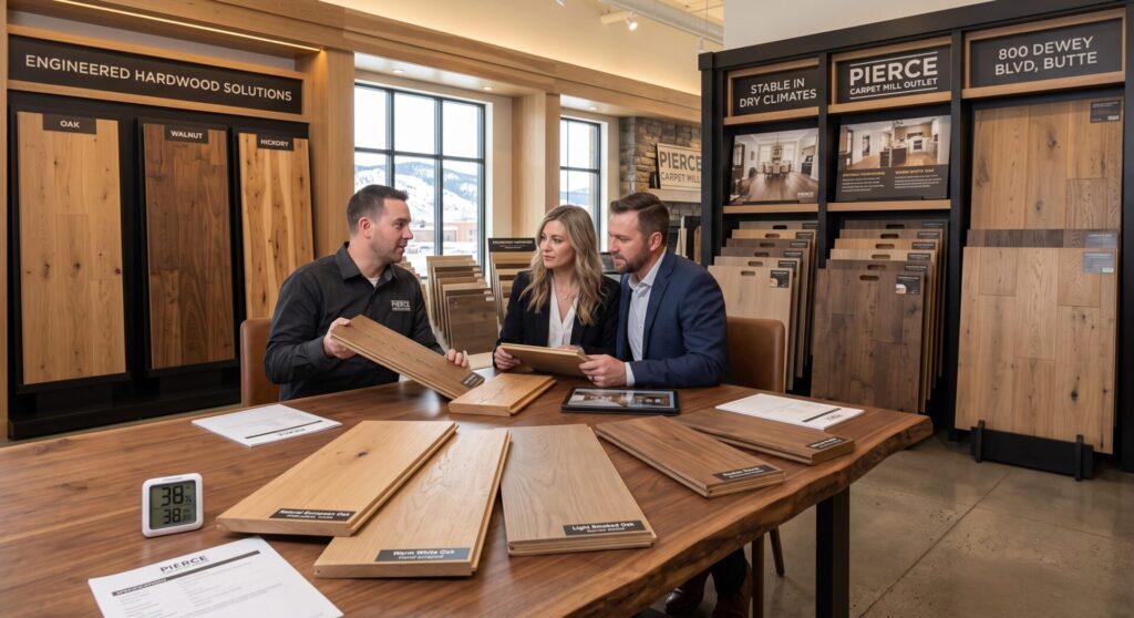 engineered hardwood flooring samples at Pierce Carpet Mill Outlet on Dewey Blvd in Butte Montana.