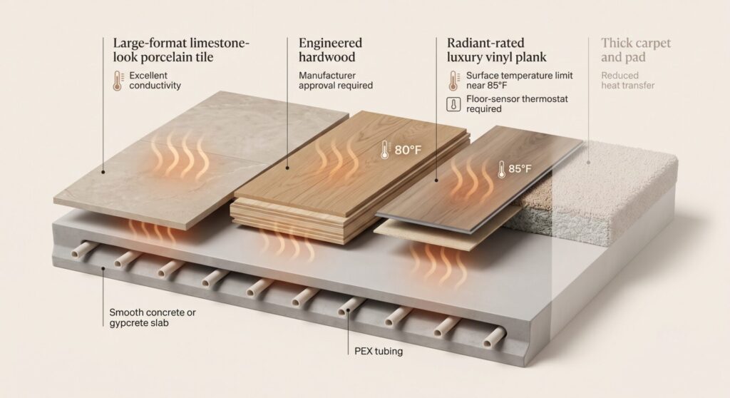 diagram of flooring compatibility with radiant heat showing conductivity by material type.