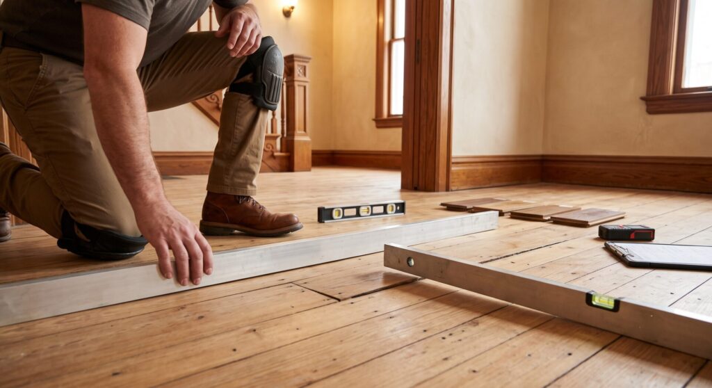 measuring subfloor flatness with a straightedge in an older Butte home.