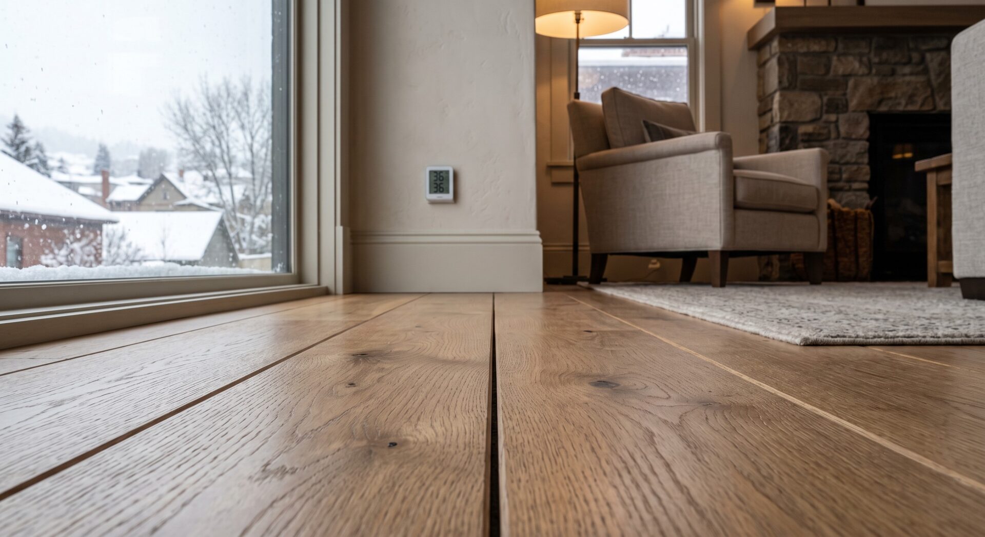winter gaps between hardwood floor planks in a Butte Montana home caused by low indoor humidity.