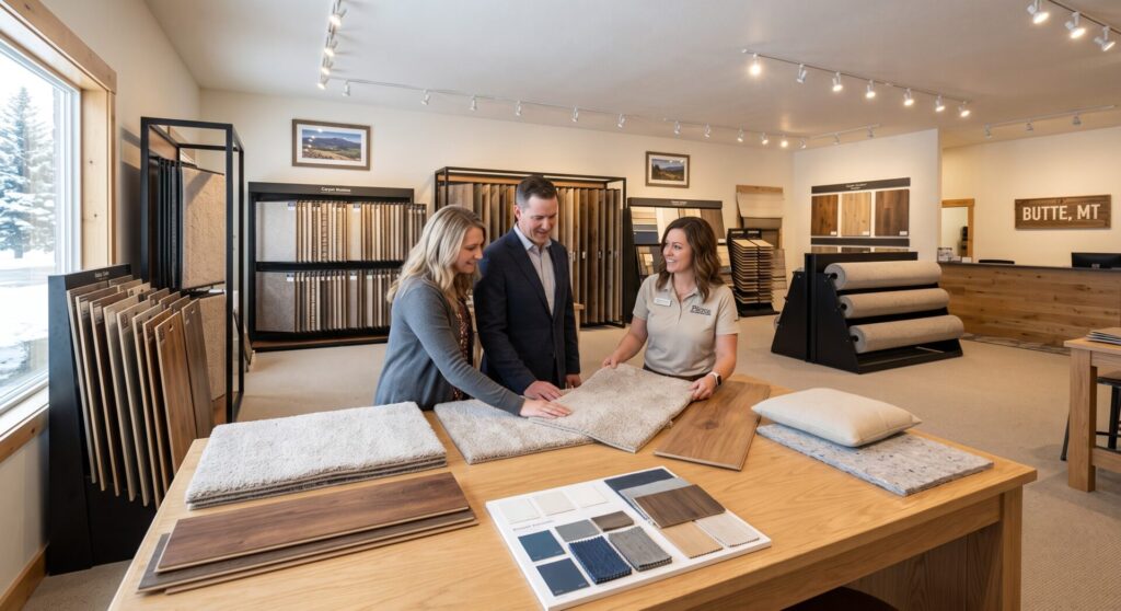 carpet and LVP flooring samples at Pierce Carpet Mill Outlet Butte Montana showroom.