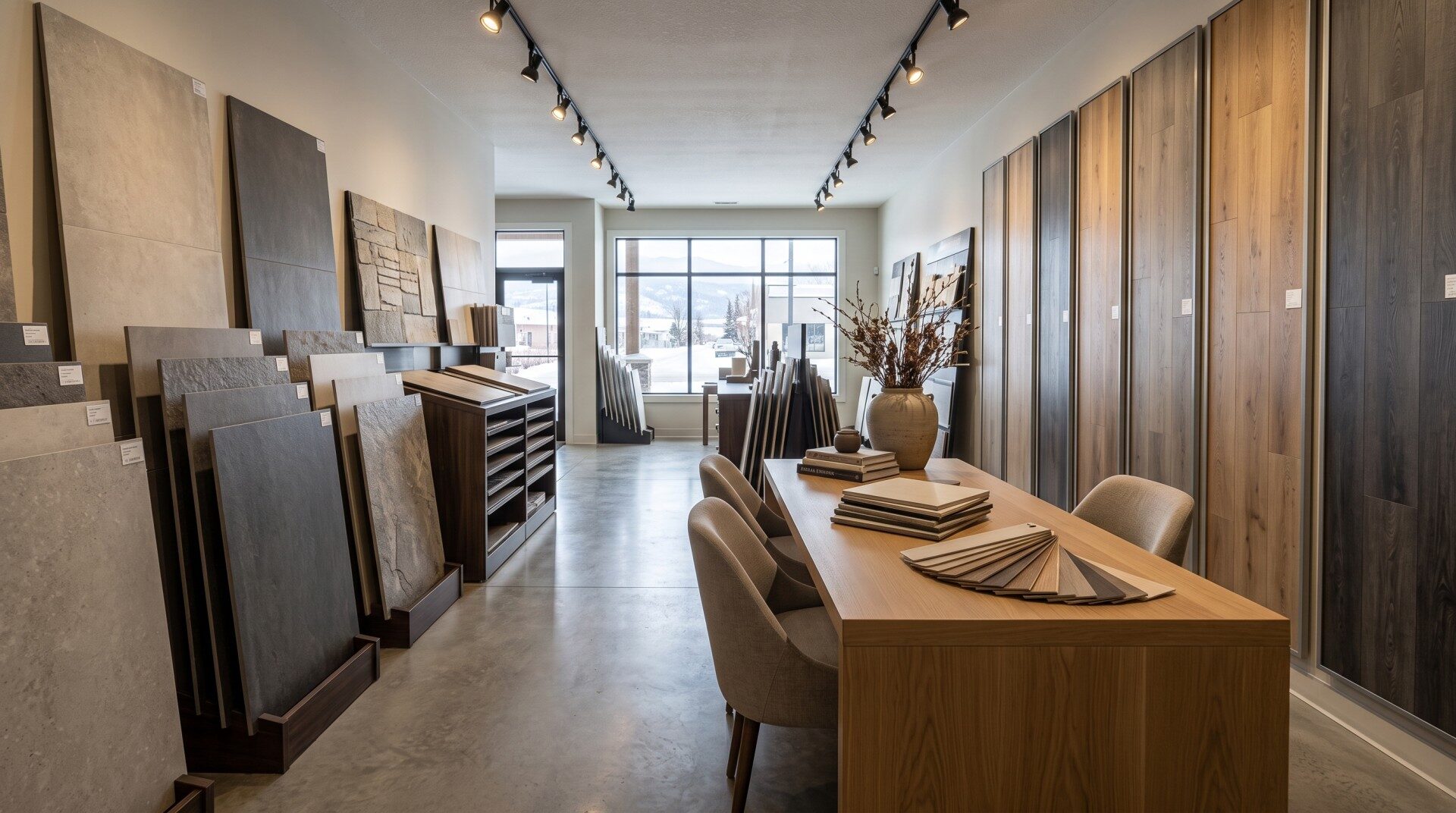 Pierce Carpet Mill Outlet tile and LVP flooring samples in the Butte Montana showroom on Dewey Blvd.