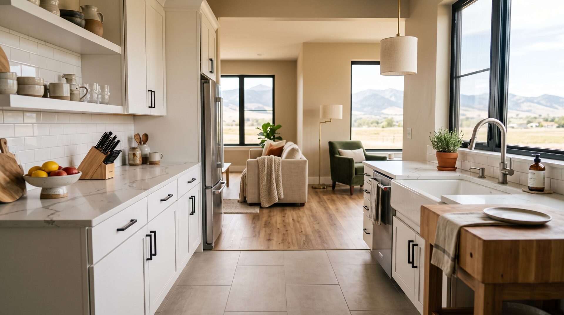 tile and LVP flooring in a Bozeman Montana rental property kitchen and living room.