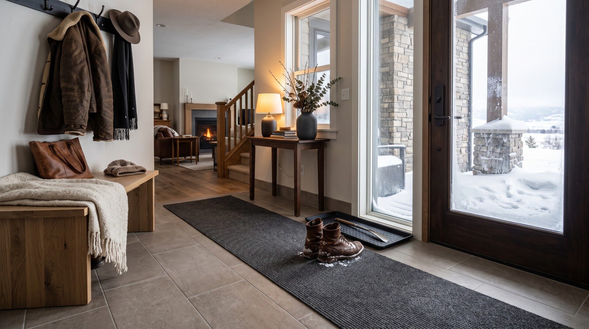 tile entryway flooring in a Butte Montana home with walk-off mat during winter boot season.