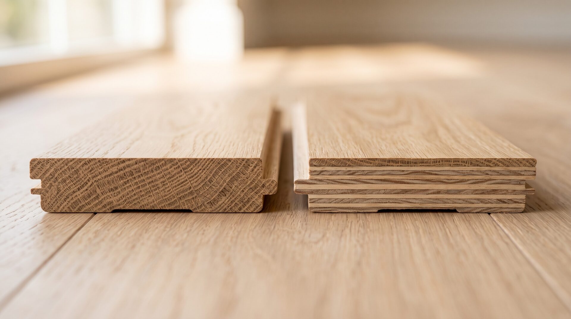 cross-section diagram comparing solid hardwood and engineered hardwood construction.