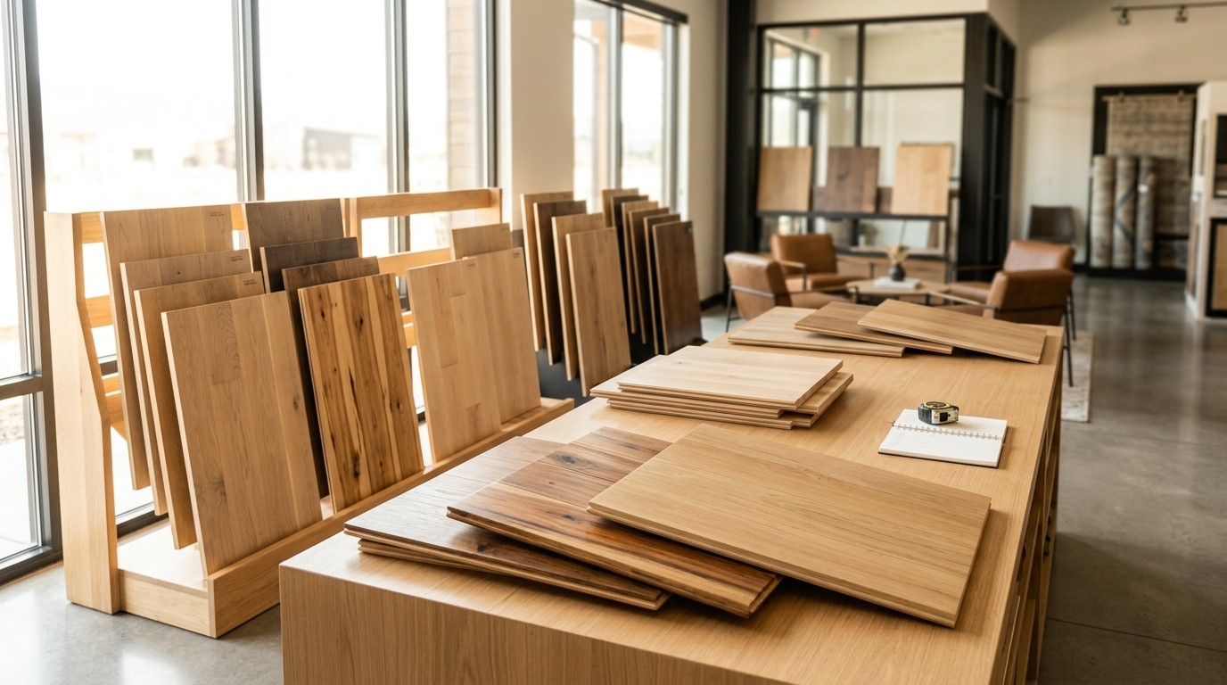 engineered and solid hardwood flooring samples at Pierce Carpet Mill Outlet on Huffine Lane in Bozeman Montana.