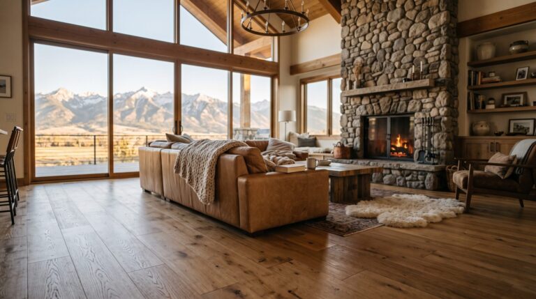 engineered hardwood flooring in a Bozeman Montana mountain home with open plan living area.