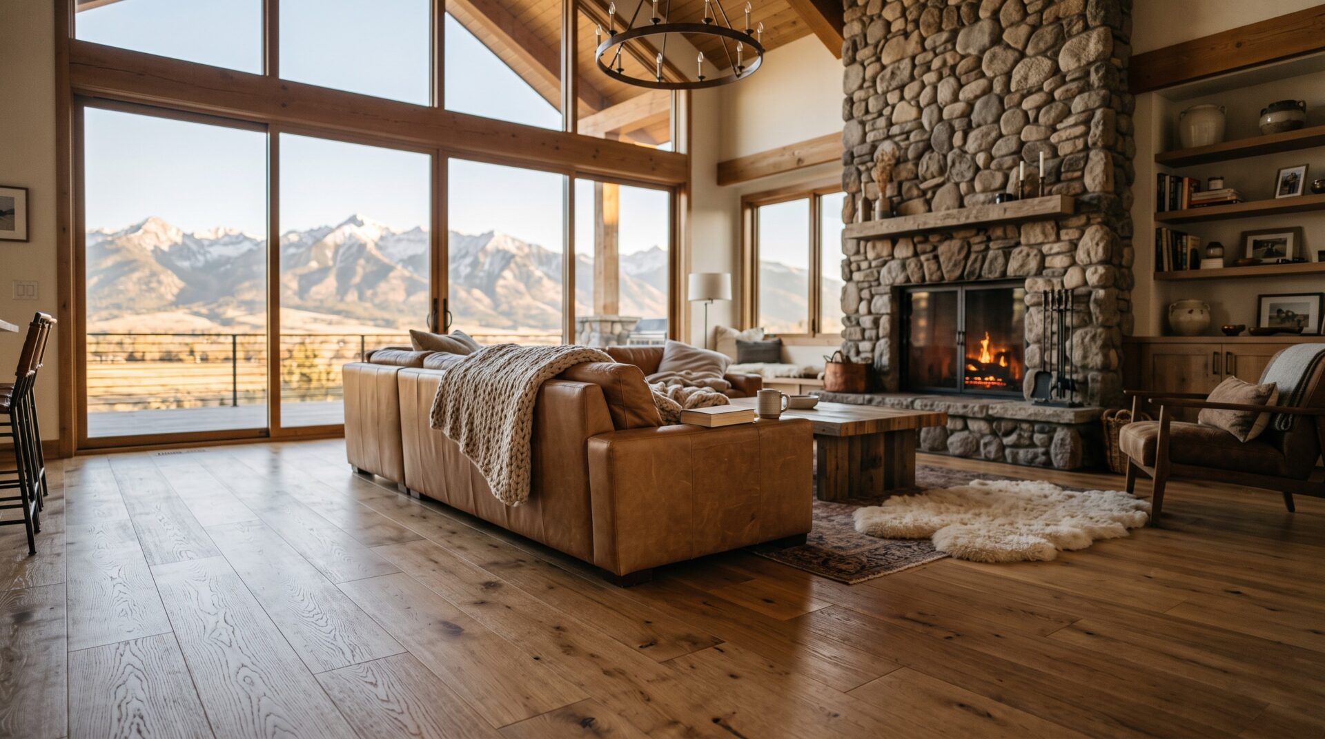 engineered hardwood flooring in a Bozeman Montana mountain home with open plan living area.