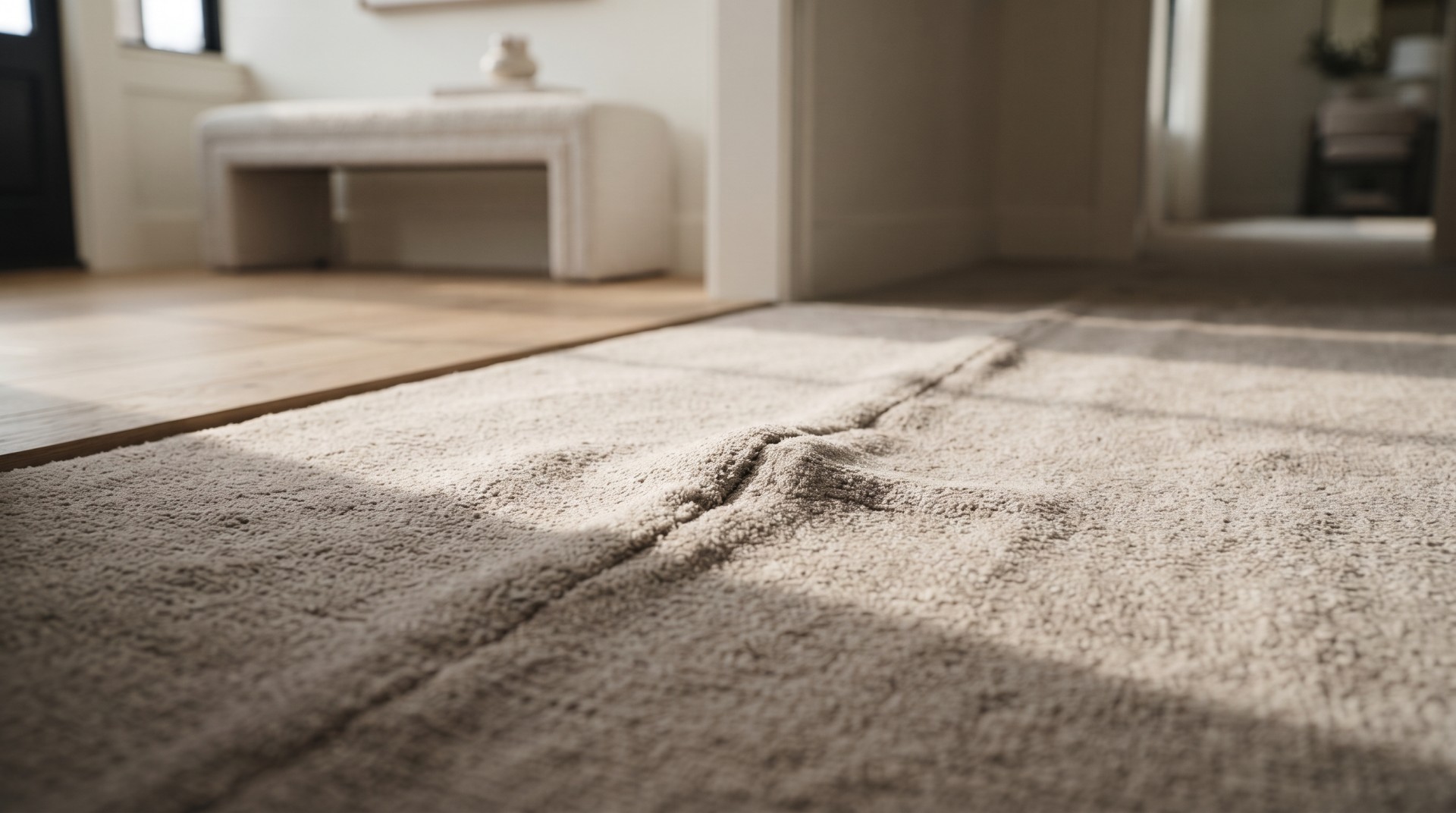 carpet delamination showing backing separation, a sign that carpet replacement is needed.