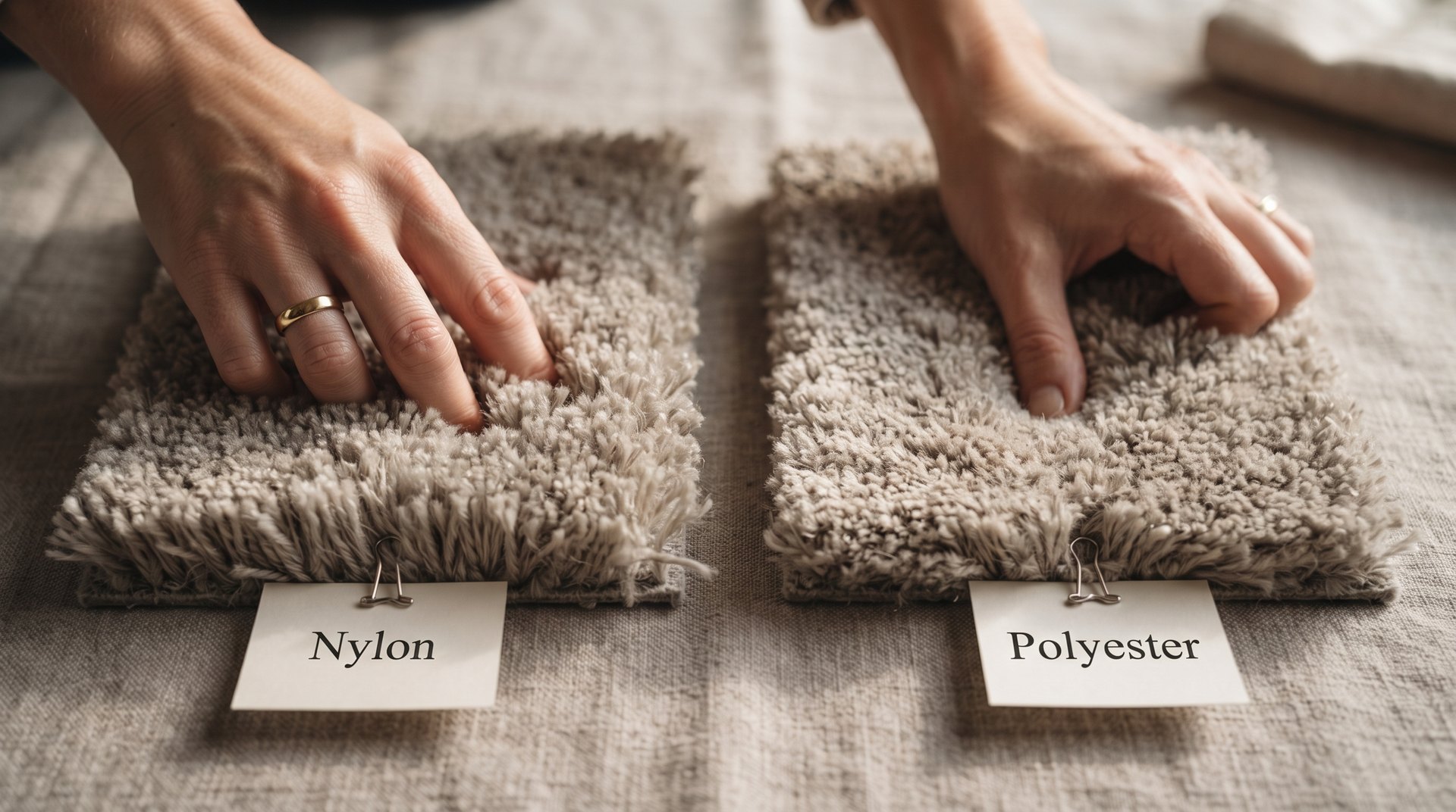 nylon and polyester carpet fiber comparison showing resilience difference under pressure.