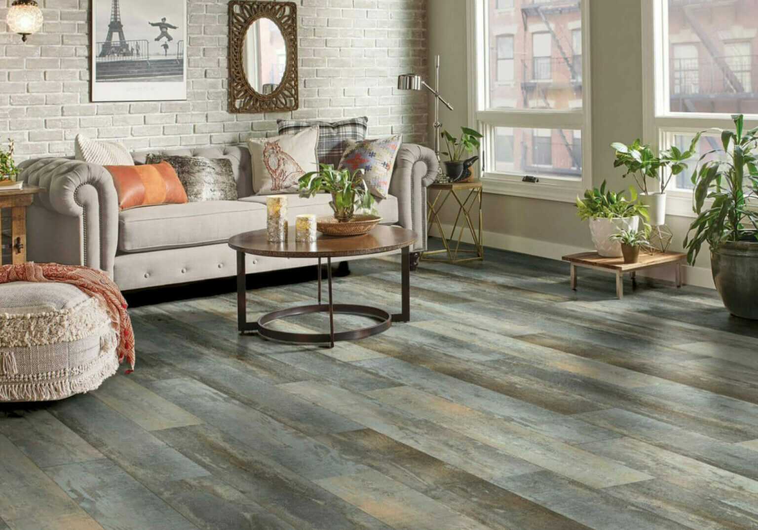 Vinyl flooring in living room | Pierce Carpet Mill Outlet